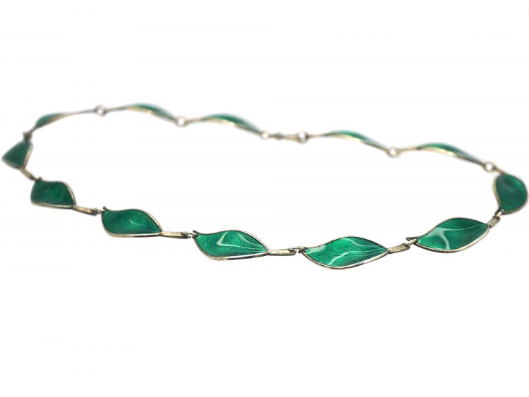 Silver Green Enamel Leaf Design Necklace by David Andersen