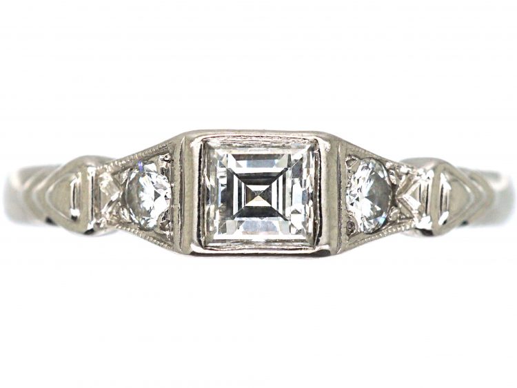18ct White Gold Square Cut Diamond Ring with Diamond Set Shoulders
