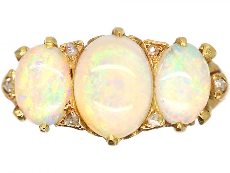 Edwardian 18ct Gold, Three Stone Opal Ring with Rose Diamond Points