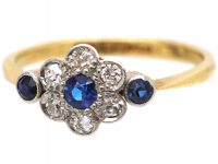 Edwardian 18ct Gold & Platinum, Sapphire & Diamond Cluster Ring with a Sapphire on Either Side