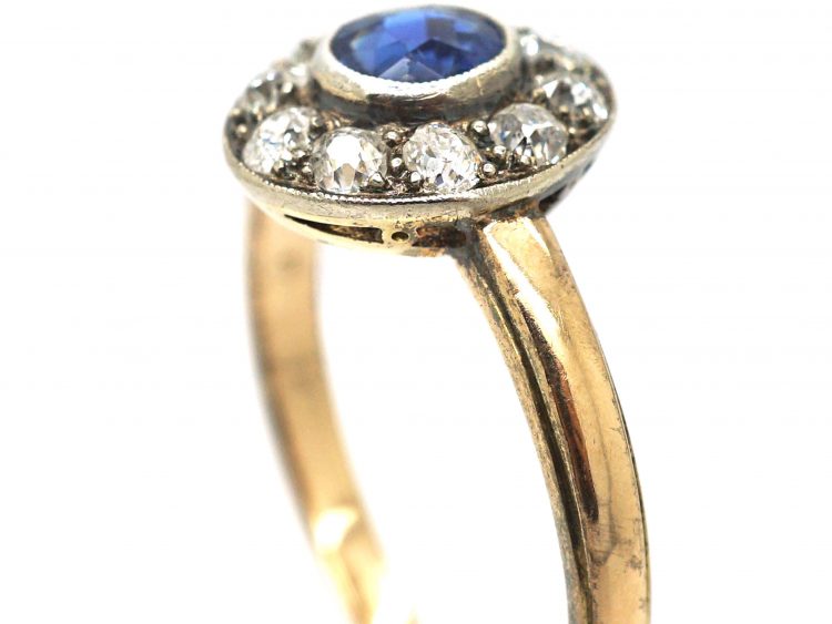 Art Deco 15ct Yellow & White Gold, Sapphire & Diamond Cluster Ring