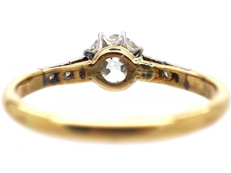 Art Deco 18ct Gold & Platinum, Diamond Solitaire Ring with Diamond Set Shoulders
