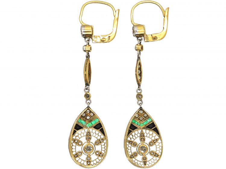 Art Deco 18ct Gold & Platinum, Emerald, Sapphire & Diamond Drop Earrings