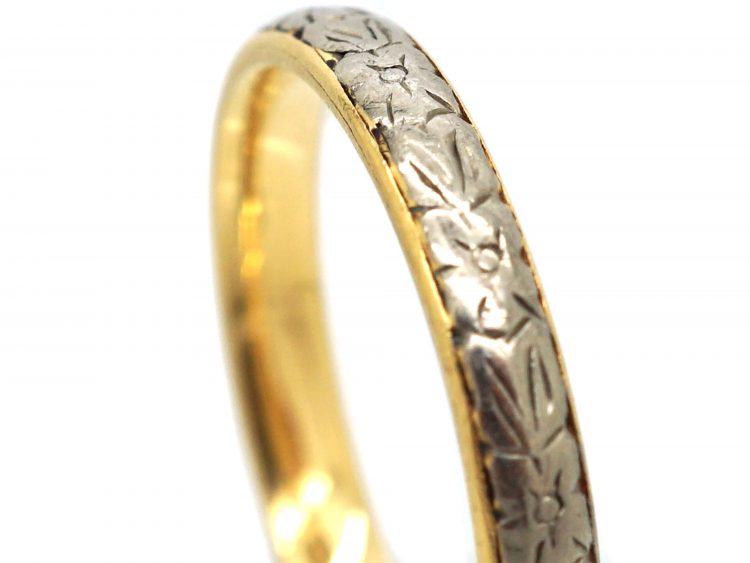 18ct White & Yellow Gold Wedding Ring with Flower Detail