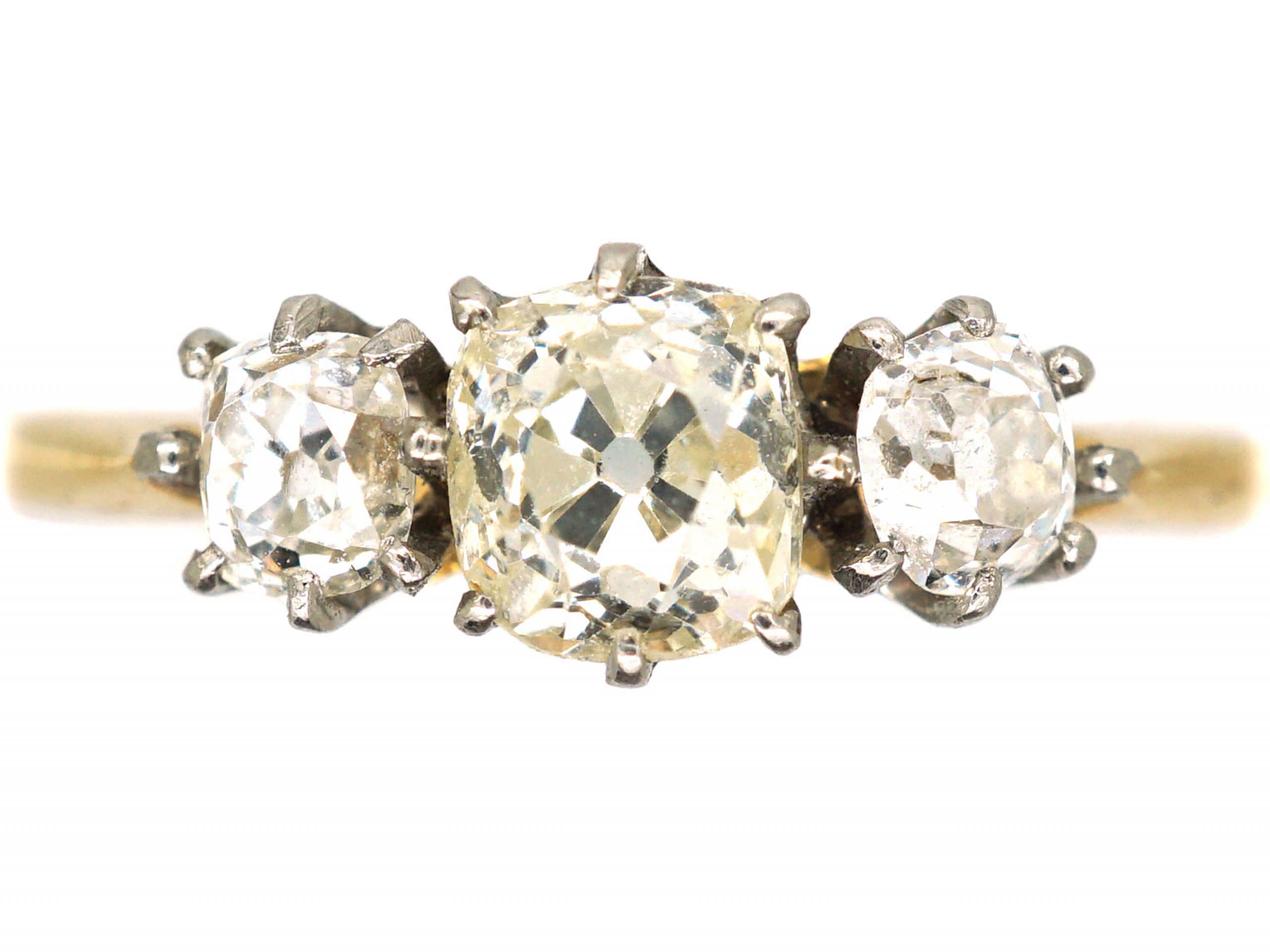 Edwardian 18ct Gold, Three Stone Old Mine Cut Diamond Ring