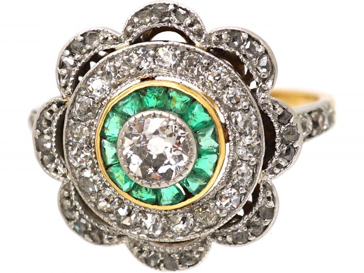 Art Deco 18ct Gold and Platinum, Emerald and Diamond Target Ring with Scalloped Surround