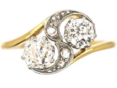 Art Nouveau 18ct Gold & Platinum, Two Stone Diamond Crossover Ring with Rose Diamond Detail