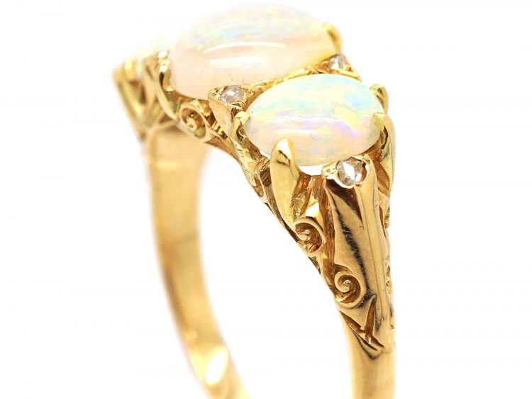 Edwardian 18ct Gold, Three Stone Opal Ring with Rose Diamond Points
