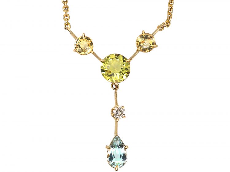 Art Deco 18ct Gold Aquamarine, Peridot, Diamond & Topaz Necklace
