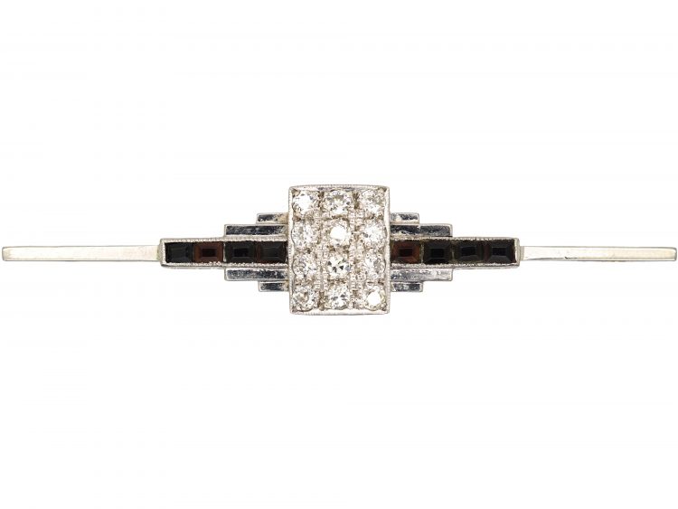 Art Deco 18ct White Gold & Platinum Geometric Brooch set with Diamonds & Onyx
