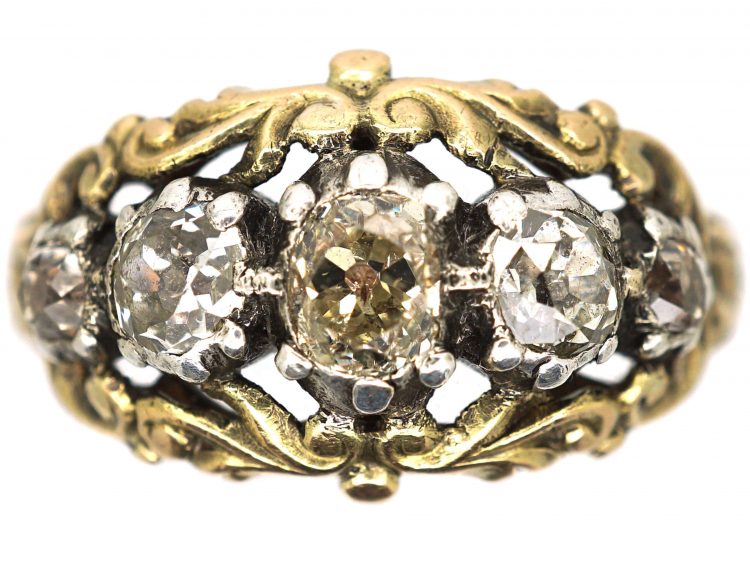 Georgian 15ct Gold & Silver, Cushion Cut Diamond Three Stone Ring