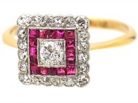 Art Deco 18ct Gold & Platinum, Square Shaped Ring set with Diamonds & Rubies