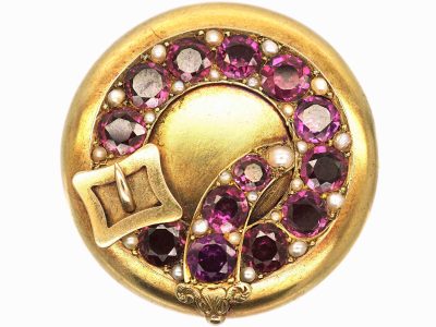 Victorian 15ct Gold Round Garter Brooch set with Almandine Garnets & Natural Split Pearls with Glazed Locket on the Reverse