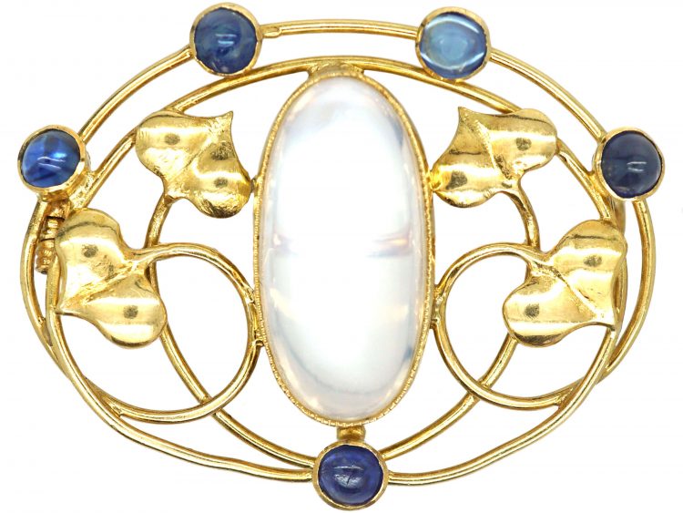 Art Nouveau 15ct Gold Brooch set with Cabochon Sapphires & Moonstone
