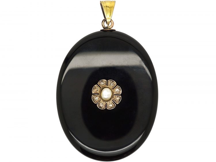 Victorian 15ct Gold Locket with Onyx, Rose Diamond & Pearl Flower Detail