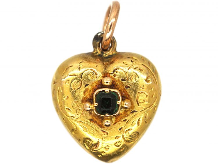Georgian 15ct Gold Small Heart pendant set with an Emerald with Glazed Locket on the Reverse