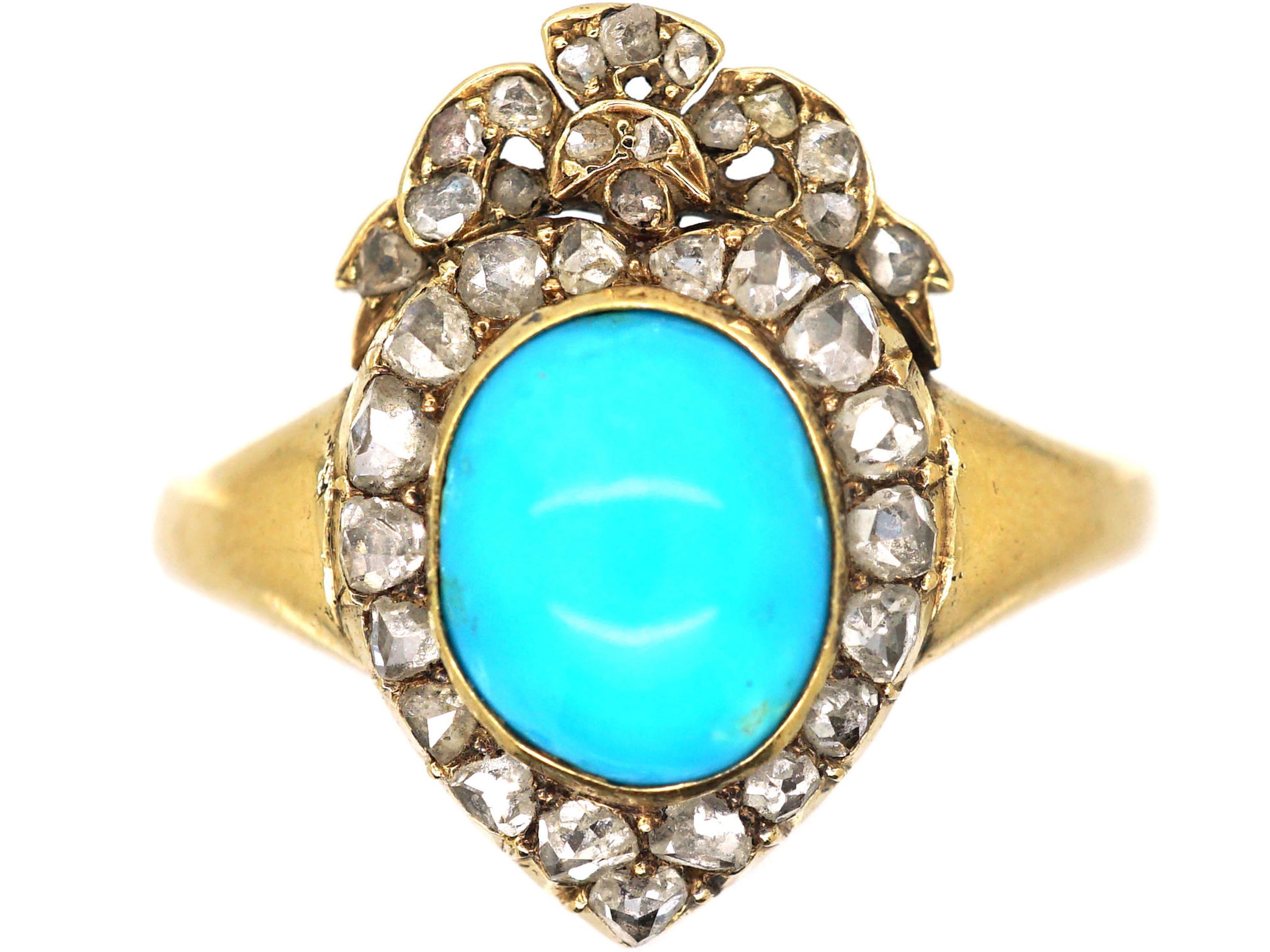 Victorian 18ct Gold, Turquoise & Rose Diamond heart Shaped Ring with Bow on top