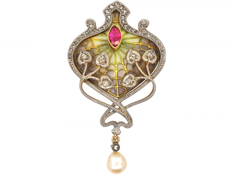 French Art Nouveau Plique a Jour 18ct Gold Brooch/ Pendant set with Diamonds, Rubies & a Natural Pearl