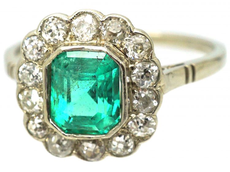 Art Deco 14ct White Gold, Emerald & Diamond Cluster Ring