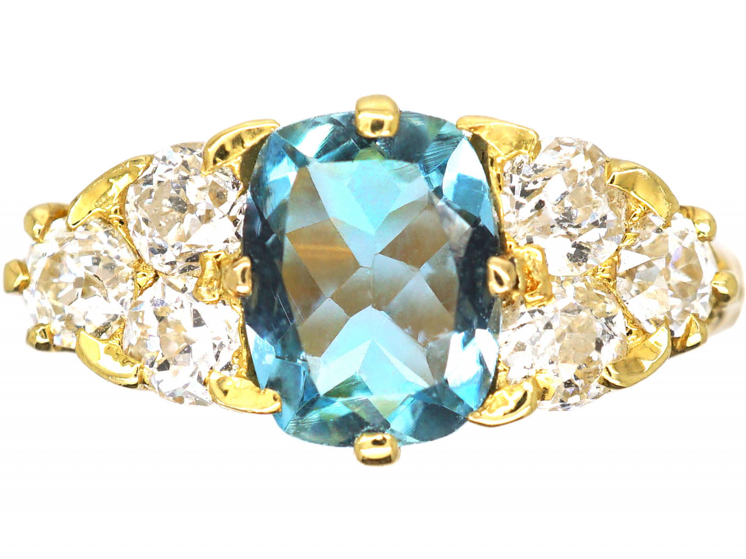 Edwardian 18ct Gold, Aquamarine & Old Mine Cut Diamond Ring (7S) | The ...