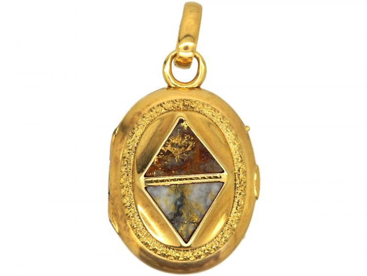 American 19th Century Gold Rush  18ct Gold Oval Locket set with Gold in Quartz