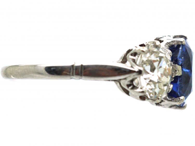 Art Deco Platinum, Large Sapphire & Diamond Three Stone Ring