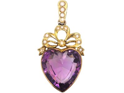 Edwardian 15ct Gold Heart & Bow Pendant set with an Amethyst & Natural Split Pearls
