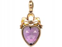 Edwardian 15ct Gold Heart & Bow Pendant set with an Amethyst & Natural Split Pearls