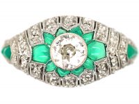 Art Deco Platinum, Green Chalcedony & Diamond Stylised Cluster Ring
