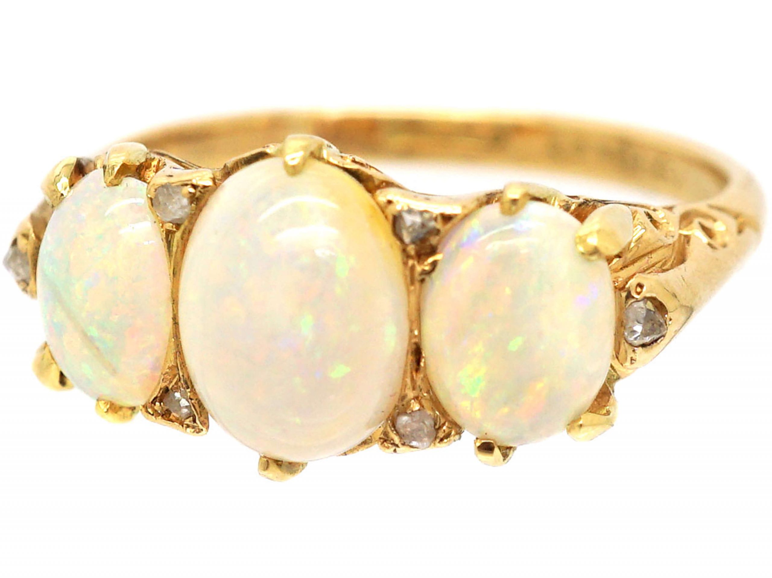 Edwardian 18ct Gold, Three Stone Opal Ring with Rose Diamond Points ...