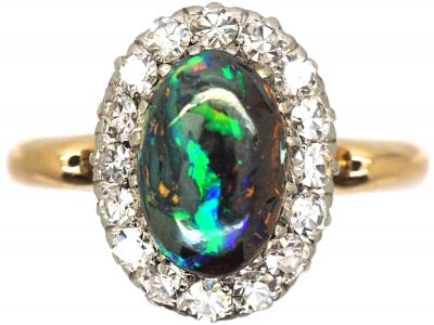 Edwardian 18ct Gold, Wood Opal & Diamond Cluster Ring