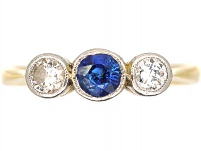 Art Deco Platinum & 18ct Gold, Three Stone Sapphire & Diamond Bezel Ring Art Deco Platinum & 18ct Gold, Three Stone Sapphire & Diamond Bezel Ring