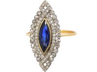 French Art Deco 18ct Gold & Platinum, Sapphire & Diamond Marquise Ring