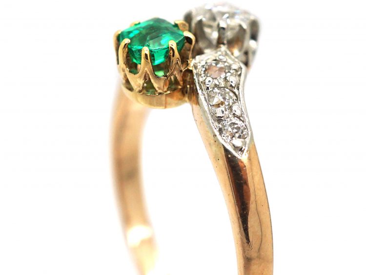 Edwardian 14ct Gold & Platinum, Emerald & Diamond Crossover Ring