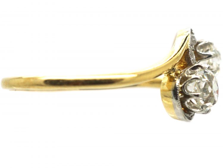 Art Nouveau 18ct Gold & Platinum, Two Stone Diamond Crossover Ring with Rose Diamond Detail