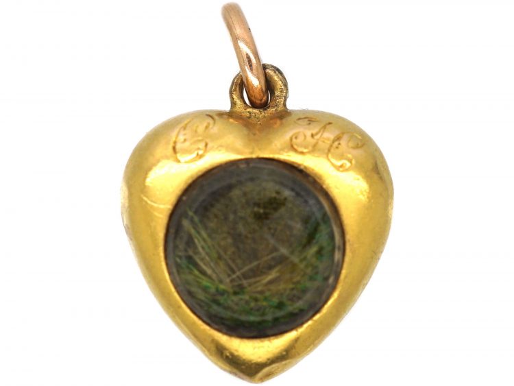 Georgian 15ct Gold Small Heart pendant set with an Emerald with Glazed Locket on the Reverse