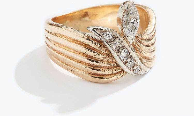 18ct Gold Stylised Snake Ring set with a Marquise Diamond