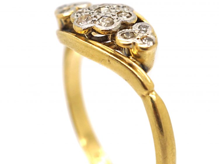 Edwardian 18ct Gold & Platinum, Cluster Diamond Ring with Diamond Set Trefoil Detail
