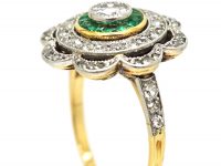 Art Deco 18ct Gold and Platinum, Emerald and Diamond Target Ring with Scalloped Surround