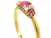 Edwardian 18ct Gold, Ruby & Diamond Three Stone Boat Shaped Ring