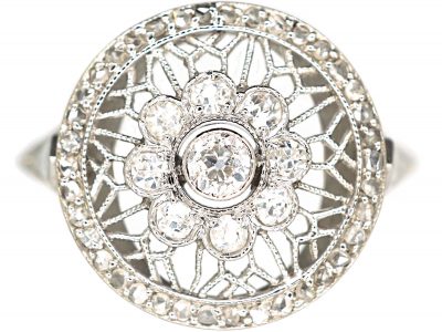 Edwardian Platinum & Diamond Cluster Ring with Openwork Detail and a Rose Diamond Border