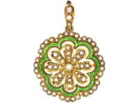 Victorian 15ct Gold, Natural Split Pearl and Green Enamel Pendant