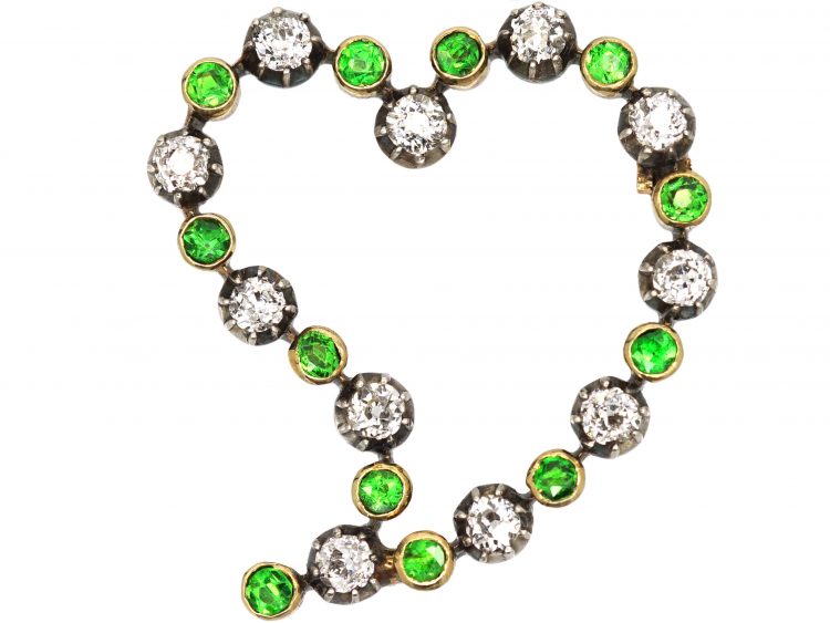 Edwardian 15ct Gold, Green Garnet & Diamond Witches Heart Brooch in Original Case