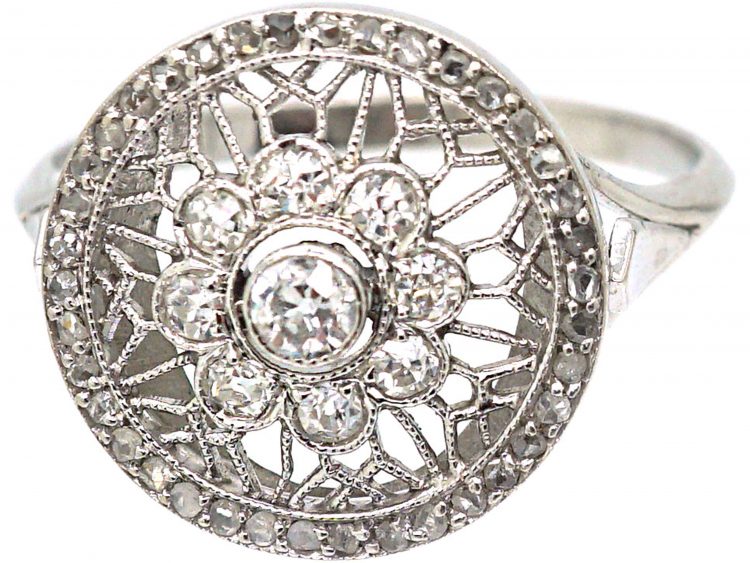 Edwardian Platinum & Diamond Cluster Ring with Openwork Detail and a Rose Diamond Border