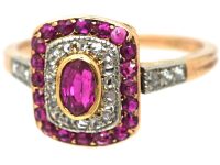 Art Deco 14ct Gold & Platinum, Ruby & Rose Diamond Rectangular Shaped Ring with Diamond Set Shoulders
