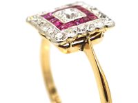 Art Deco 18ct Gold & Platinum, Square Shaped Ring set with Diamonds & Rubies