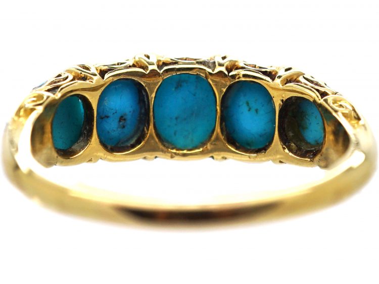 Victorian 18ct Gold, Five Stone Turquoise & Rose Diamond Forget me Not Ring