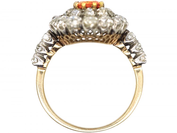 Edwardian 18ct Gold, Orange Sapphire and Diamond Cluster Ring with Diamond Set Shoulders