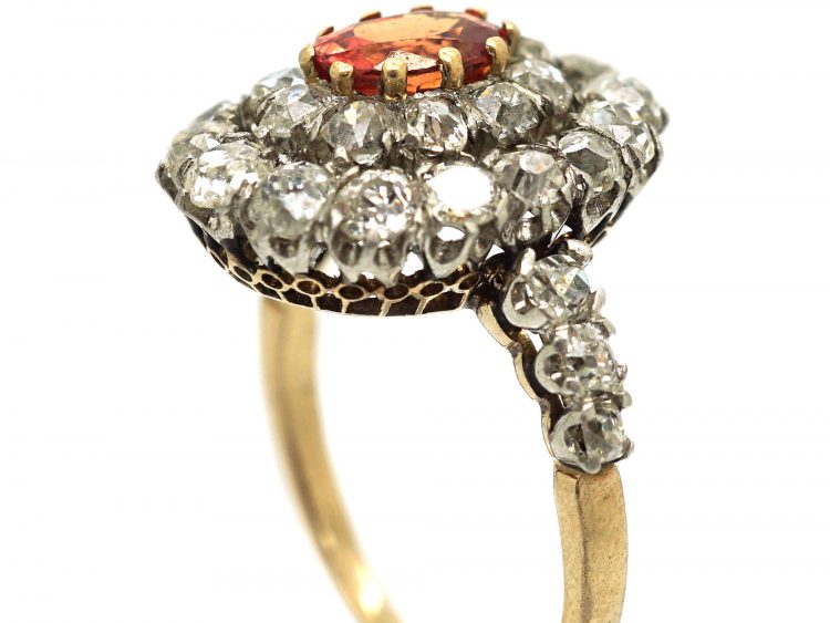 Edwardian 18ct Gold, Orange Sapphire and Diamond Cluster Ring with Diamond Set Shoulders