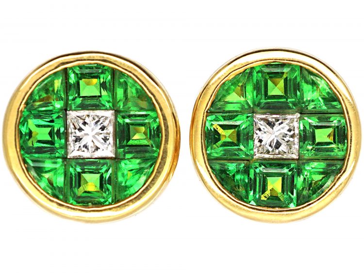 18ct Gold Tsavorite & Diamond Round Earrings